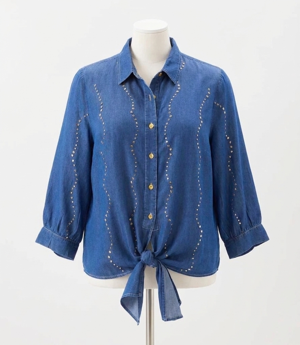 NEW KAREN KANE blouson sleeve gemstone denim shirt - plus in chambray